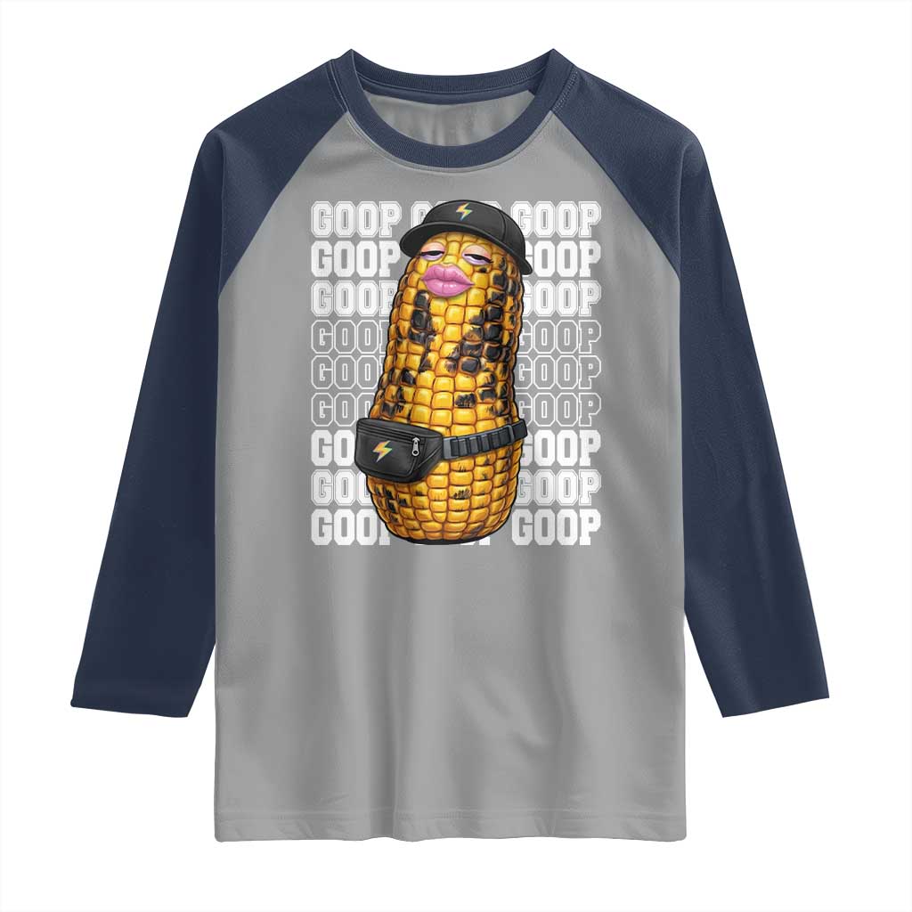 Funny Burnt Peanut Goop Raglan Shirt Burnt Corn Meme Viral Humor TS14 Sport Gray Navy Print Your Wear