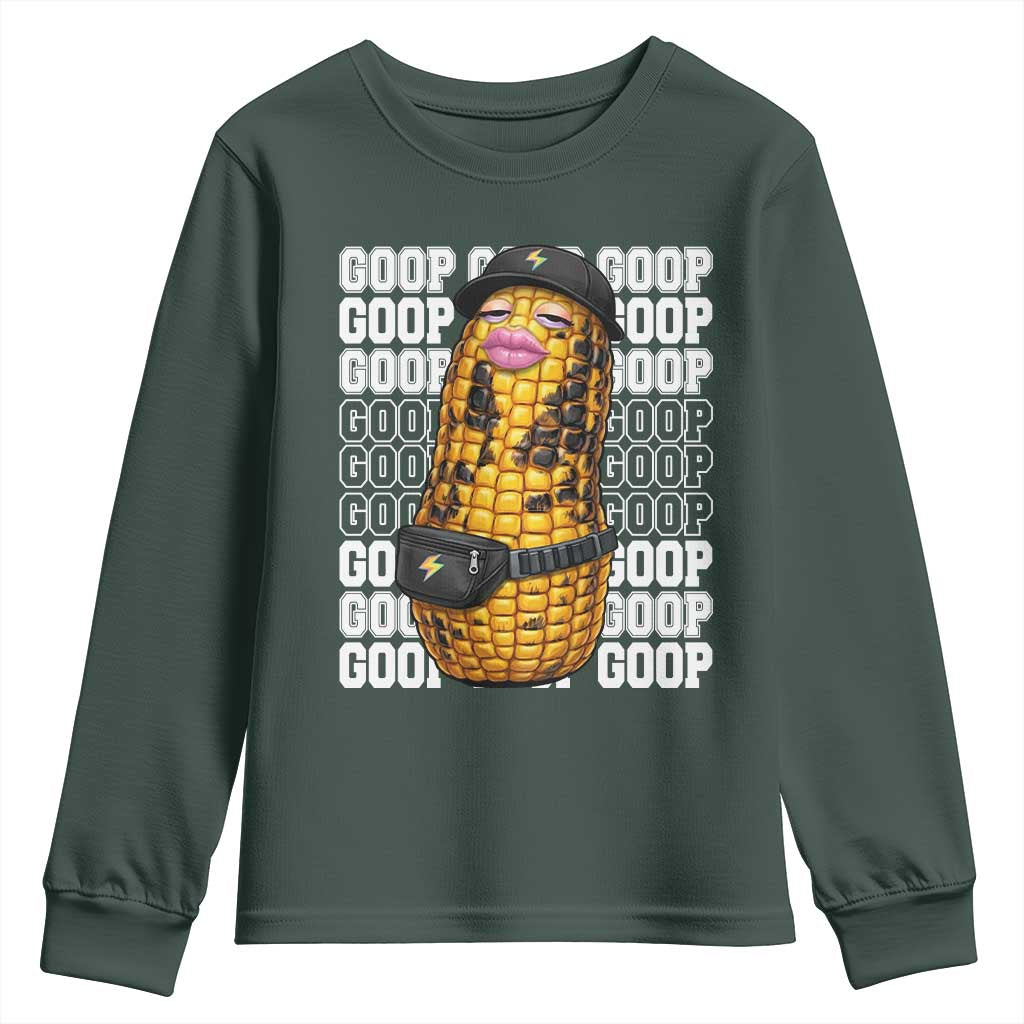 Funny Burnt Peanut Goop Youth Sweatshirt Burnt Corn Meme Viral Humor TS14 Dark Forest Green Print Your Wear