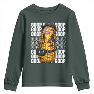 Funny Burnt Peanut Goop Youth Sweatshirt Burnt Corn Meme Viral Humor TS14 Dark Forest Green Print Your Wear
