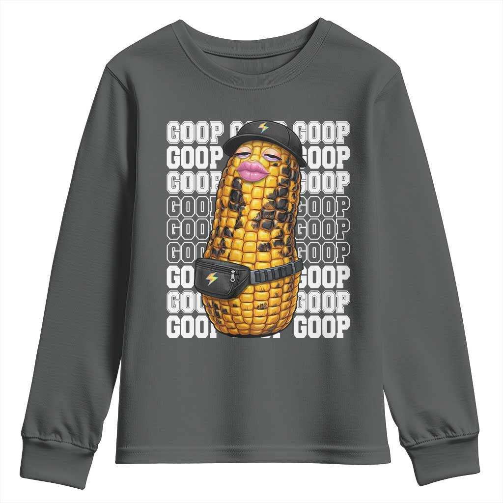 Funny Burnt Peanut Goop Youth Sweatshirt Burnt Corn Meme Viral Humor TS14 Dark Heather Print Your Wear