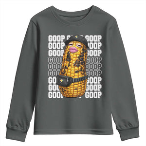 Funny Burnt Peanut Goop Youth Sweatshirt Burnt Corn Meme Viral Humor TS14 Dark Heather Print Your Wear