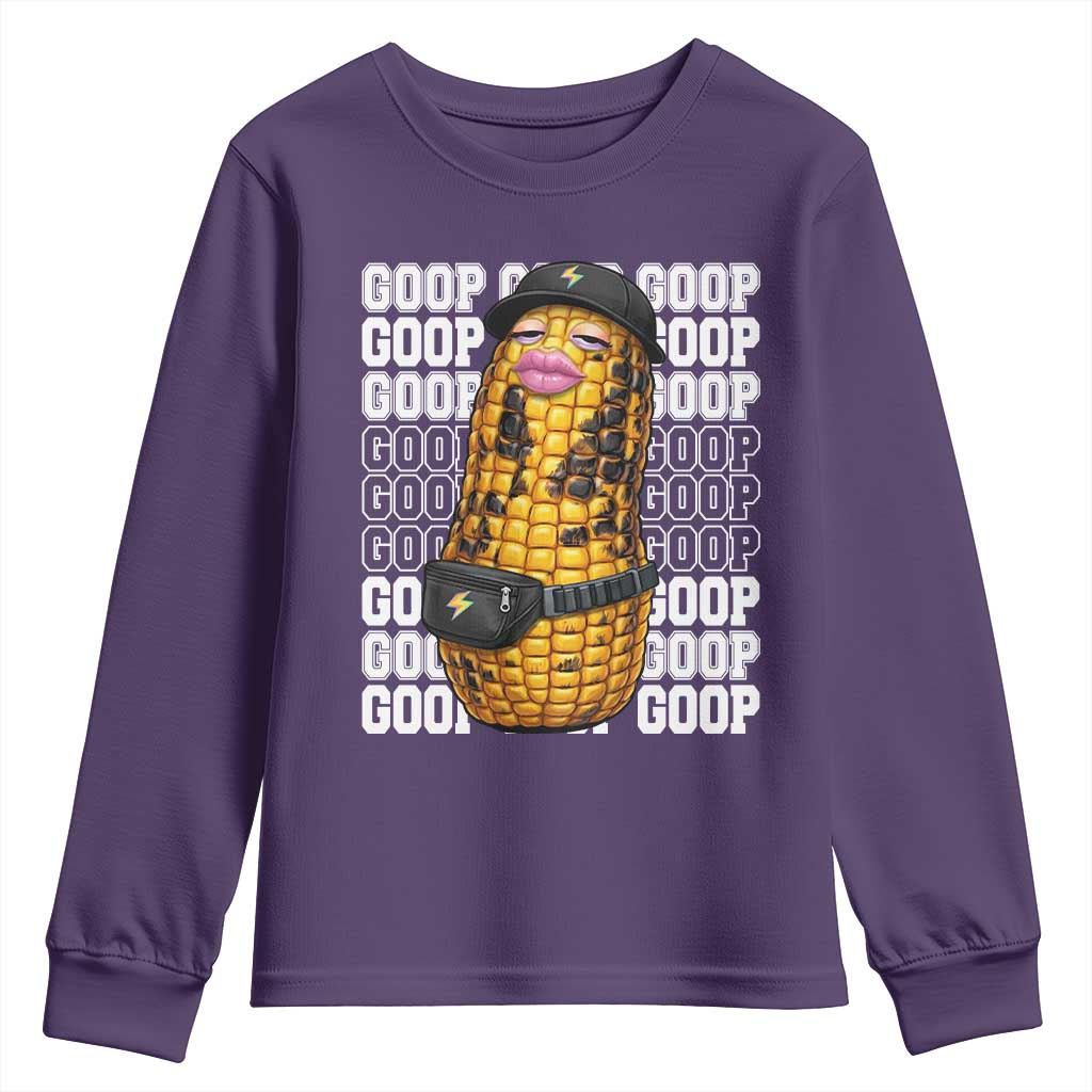Funny Burnt Peanut Goop Youth Sweatshirt Burnt Corn Meme Viral Humor TS14 Purple Print Your Wear