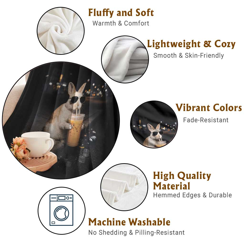 Funny Bunny Drinking Iced Coffee Throw Blanket Animal Meme Viral Internet TS14 Print Your Wear