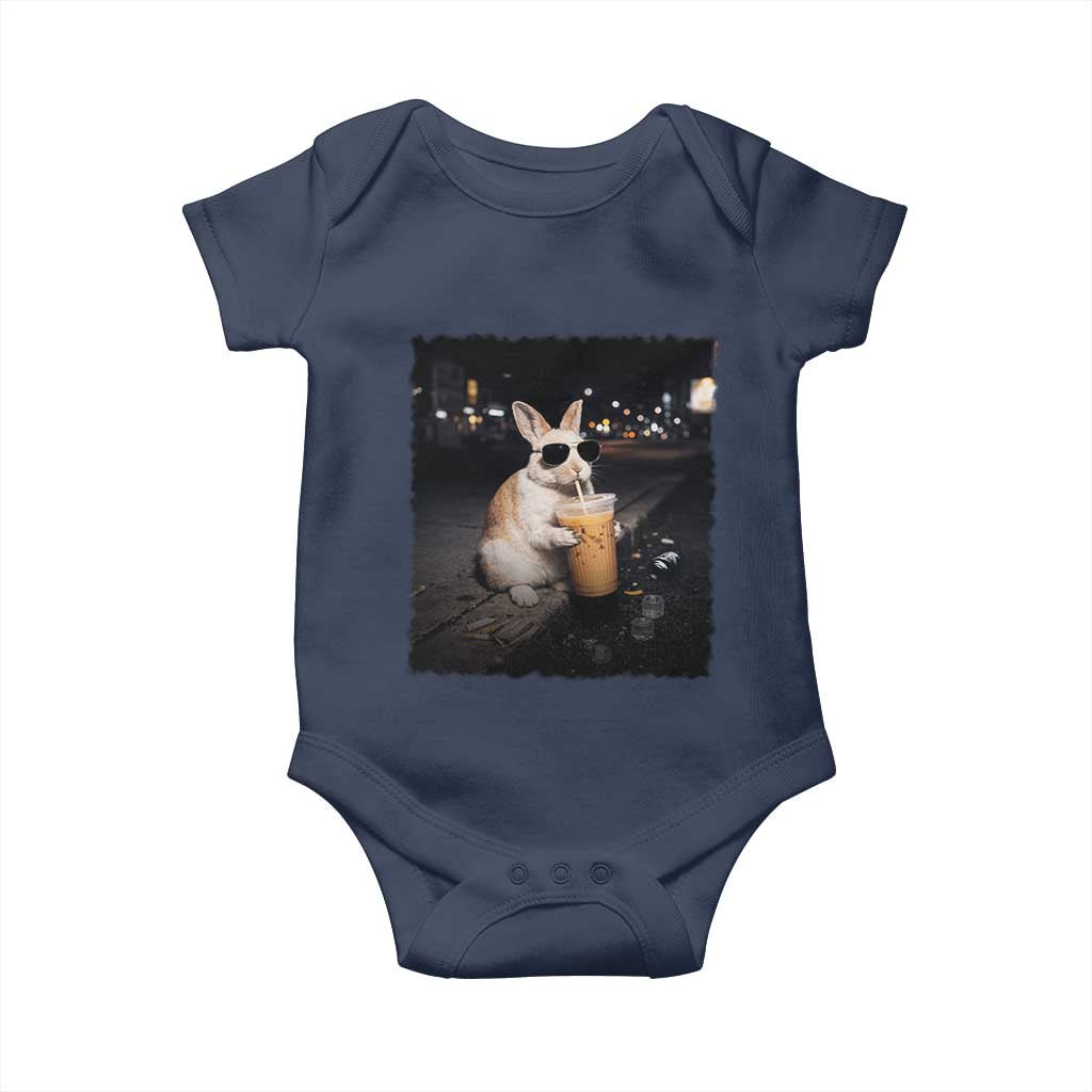 Funny Bunny Drinking Iced Coffee Baby Onesie Animal Meme Viral Internet TS14 Navy Print Your Wear