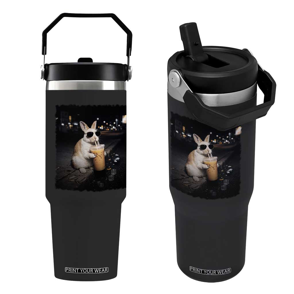 Funny Bunny Drinking Iced Coffee Flip Straw Tumbler Animal Meme Viral Internet TS14 One Size: 30 oz Black Print Your Wear