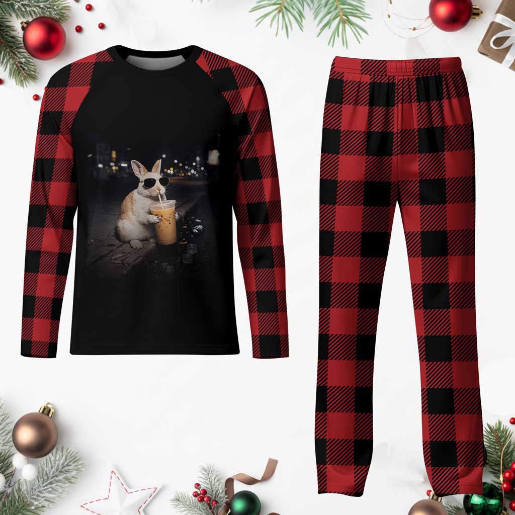Funny Bunny Drinking Iced Coffee Plaid Pajama Set Animal Meme Viral Internet TS14 Buffalo Plaid Print Your Wear