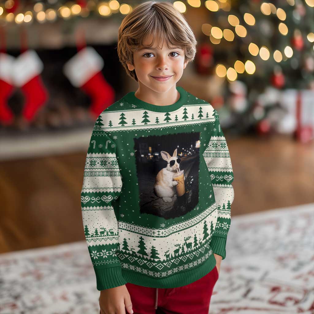Funny Bunny Drinking Iced Coffee Ugly Christmas Sweater Animal Meme Viral Internet TS14 Forest Green Beige Print Your Wear