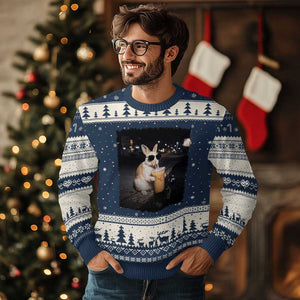 Funny Bunny Drinking Iced Coffee Ugly Christmas Sweater Animal Meme Viral Internet TS14 Navy Beige Print Your Wear