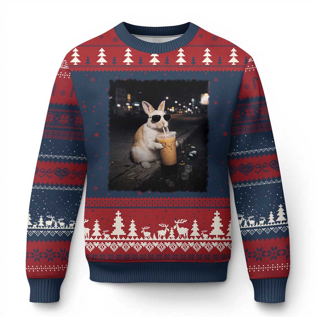 Funny Bunny Drinking Iced Coffee Ugly Christmas Sweater Animal Meme Viral Internet TS14 Navy Red Print Your Wear