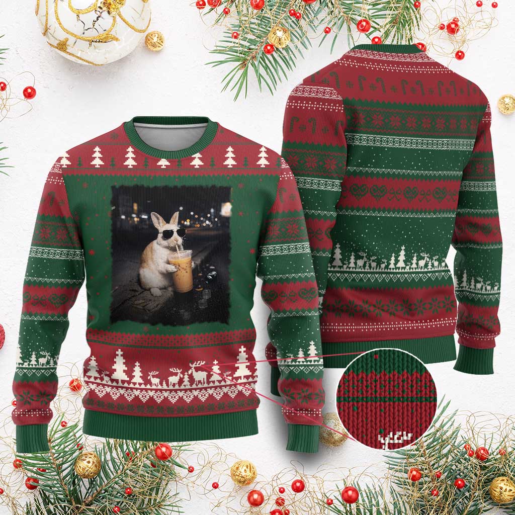 Funny Bunny Drinking Iced Coffee Ugly Christmas Sweater Animal Meme Viral Internet TS14 Red Green Print Your Wear