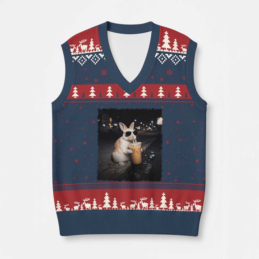 Funny Bunny Drinking Iced Coffee V-Neck Knit Sweater Vest Animal Meme Viral Internet TS14 Navy Red Print Your Wear