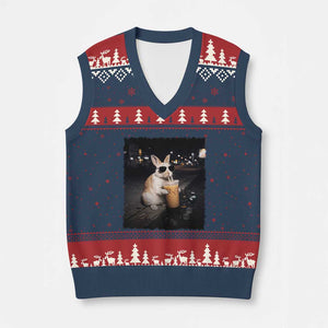 Funny Bunny Drinking Iced Coffee V-Neck Knit Sweater Vest Animal Meme Viral Internet TS14 Navy Red Print Your Wear