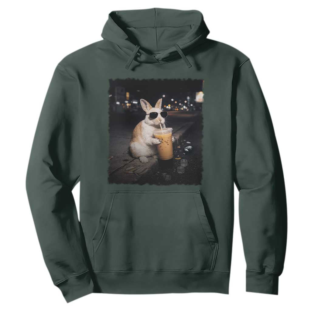 Funny Bunny Drinking Iced Coffee Hoodie Animal Meme Viral Internet TS14 Dark Forest Green Print Your Wear