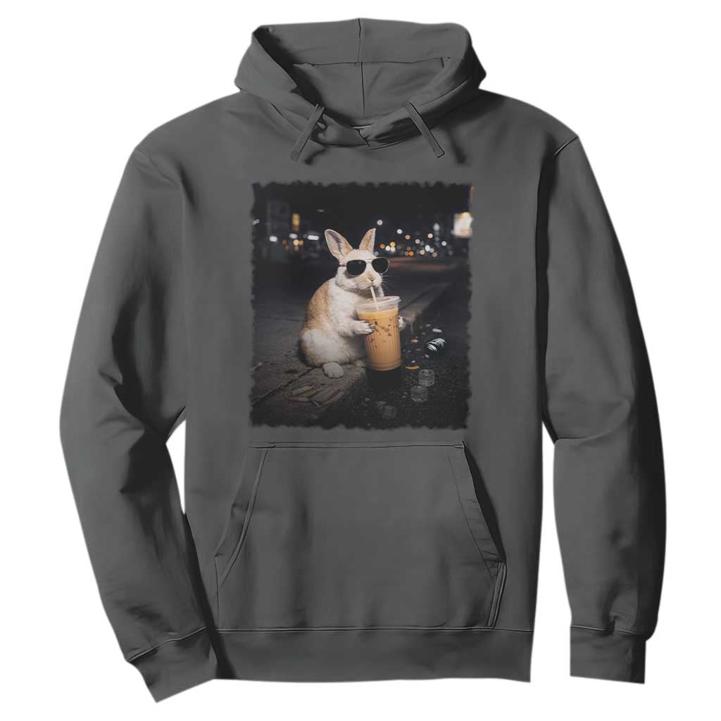 Funny Bunny Drinking Iced Coffee Hoodie Animal Meme Viral Internet TS14 Dark Heather Print Your Wear