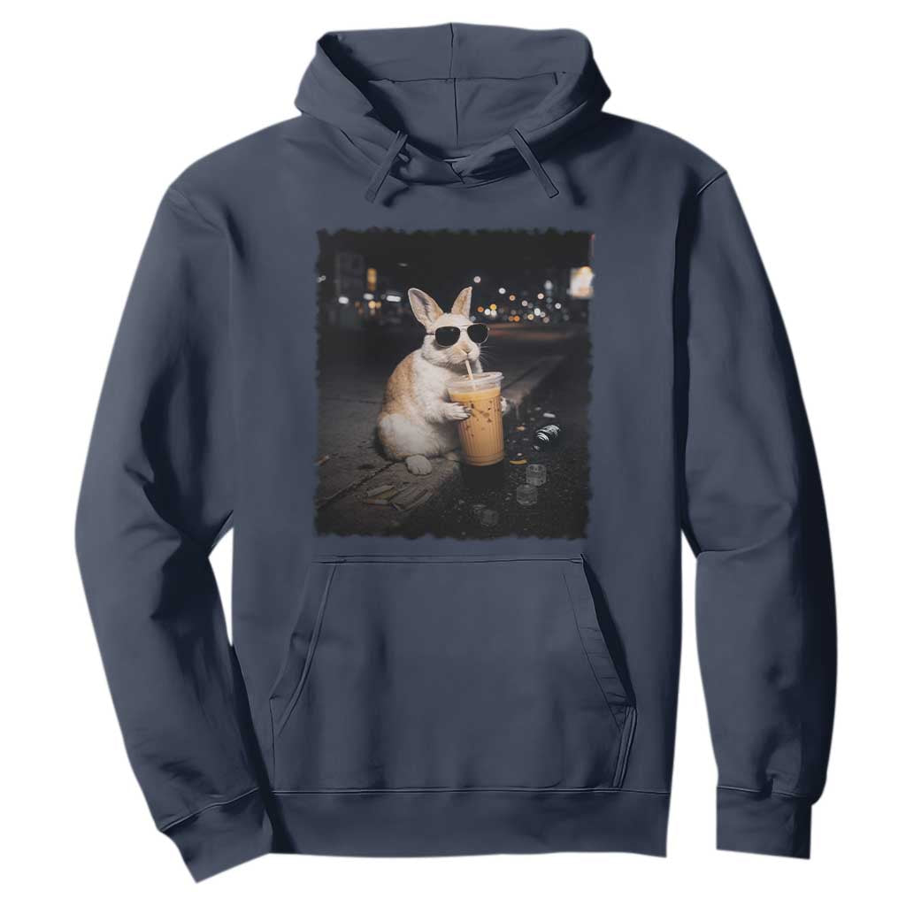 Funny Bunny Drinking Iced Coffee Hoodie Animal Meme Viral Internet TS14 Navy Print Your Wear