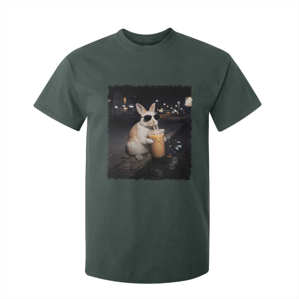 Funny Bunny Drinking Iced Coffee T Shirt For Kid Animal Meme Viral Internet TS14 Dark Forest Green Print Your Wear