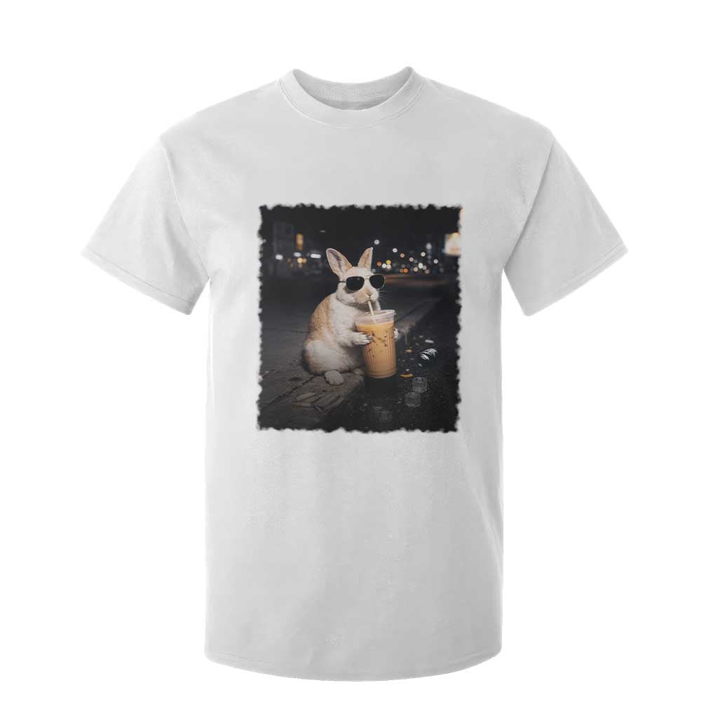 Funny Bunny Drinking Iced Coffee T Shirt For Kid Animal Meme Viral Internet TS14 White Print Your Wear