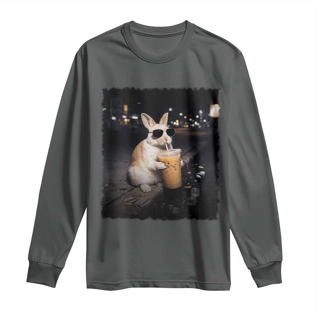 Funny Bunny Drinking Iced Coffee Long Sleeve Shirt Animal Meme Viral Internet TS14 Dark Heather Print Your Wear