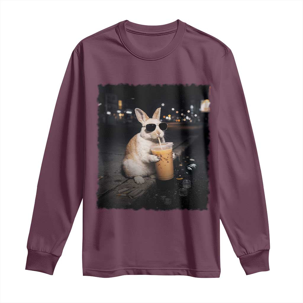 Funny Bunny Drinking Iced Coffee Long Sleeve Shirt Animal Meme Viral Internet TS14 Maroon Print Your Wear