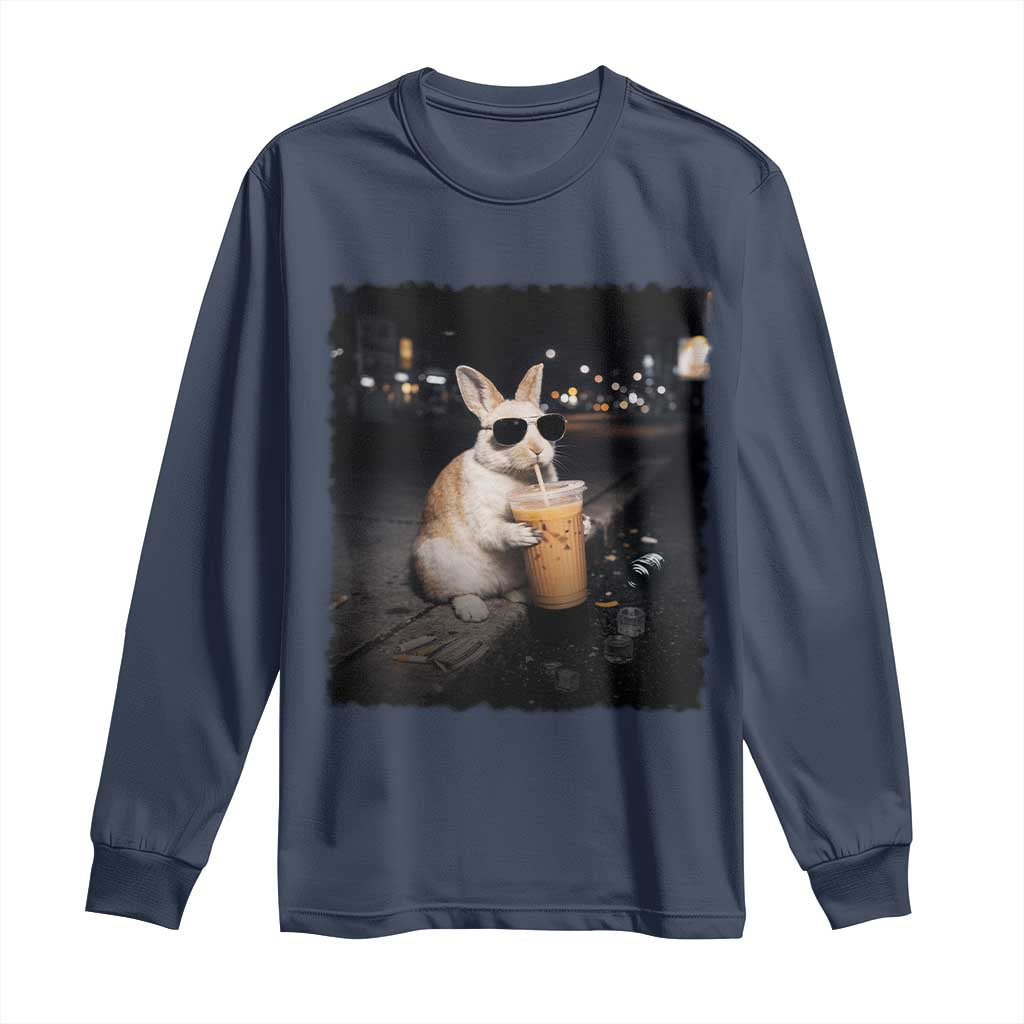 Funny Bunny Drinking Iced Coffee Long Sleeve Shirt Animal Meme Viral Internet TS14 Navy Print Your Wear