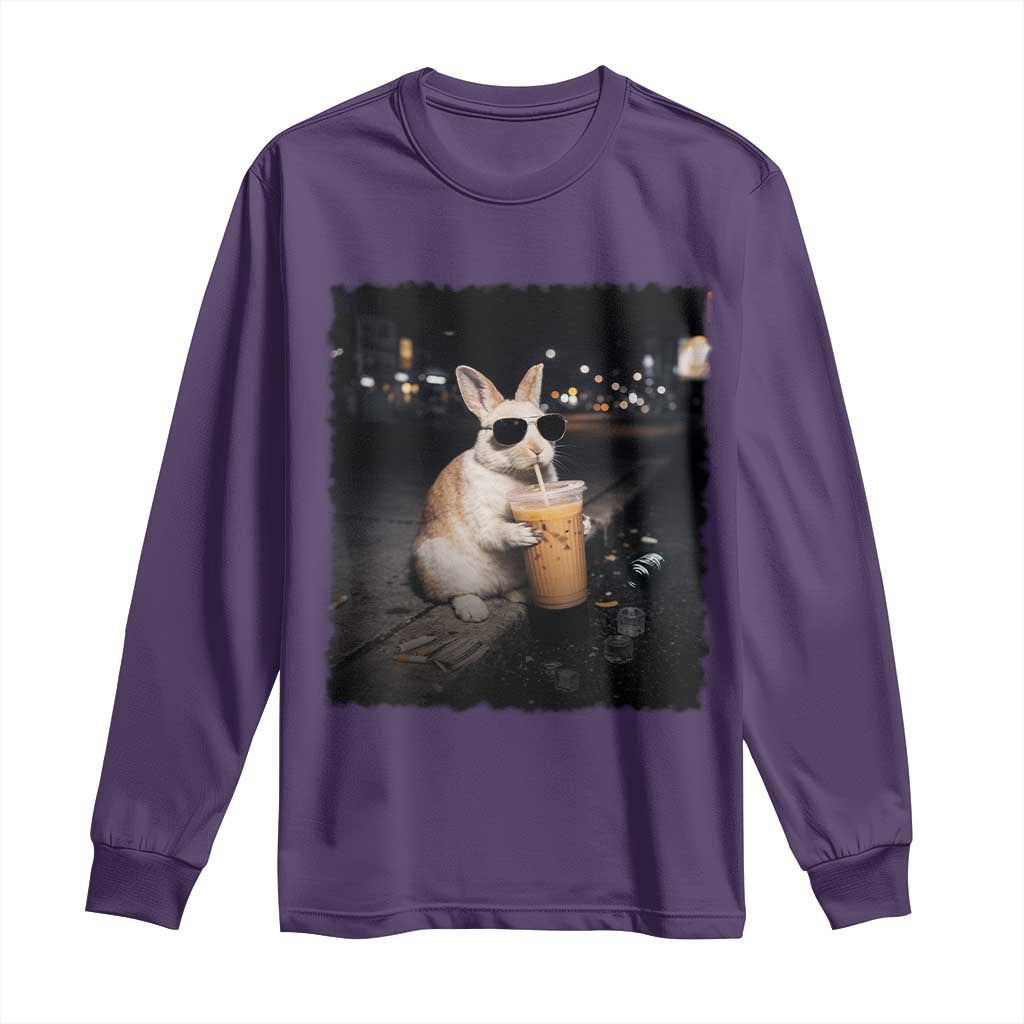 Funny Bunny Drinking Iced Coffee Long Sleeve Shirt Animal Meme Viral Internet TS14 Purple Print Your Wear