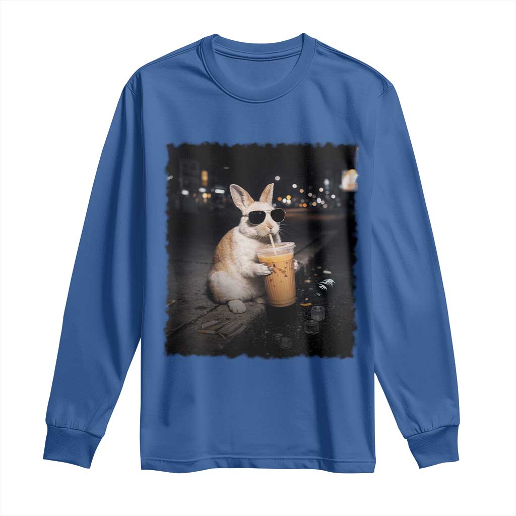Funny Bunny Drinking Iced Coffee Long Sleeve Shirt Animal Meme Viral Internet TS14 Royal Blue Print Your Wear
