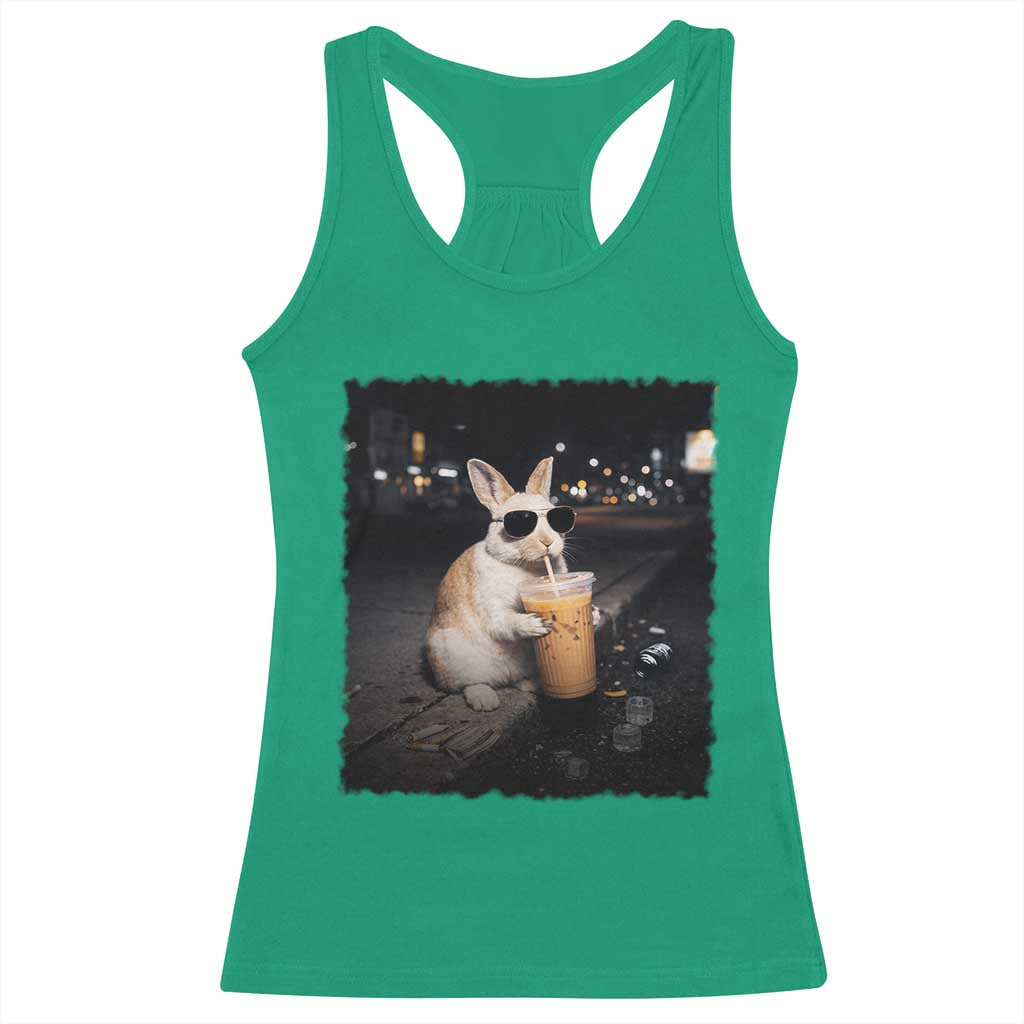 Funny Bunny Drinking Iced Coffee Racerback Tank Top Animal Meme Viral Internet TS14 Irish Green Print Your Wear