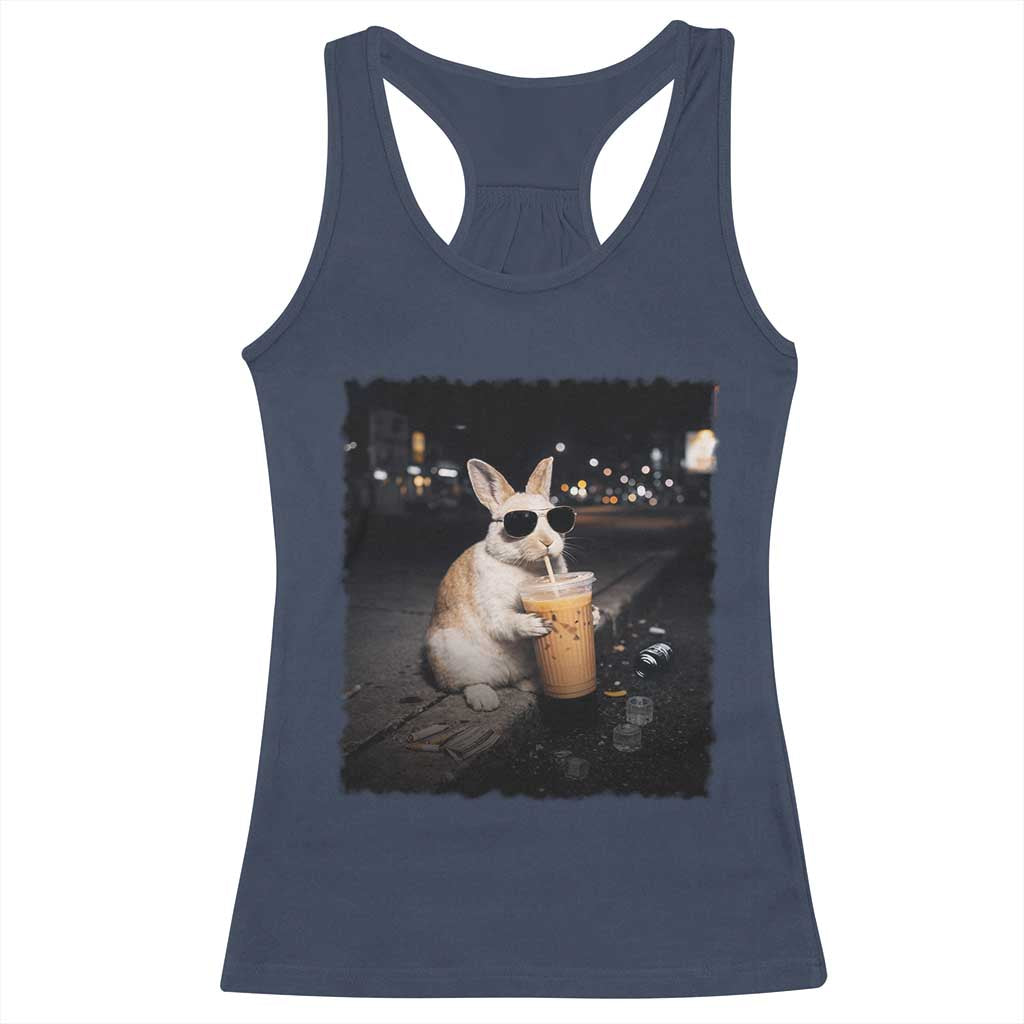 Funny Bunny Drinking Iced Coffee Racerback Tank Top Animal Meme Viral Internet TS14 Navy Print Your Wear