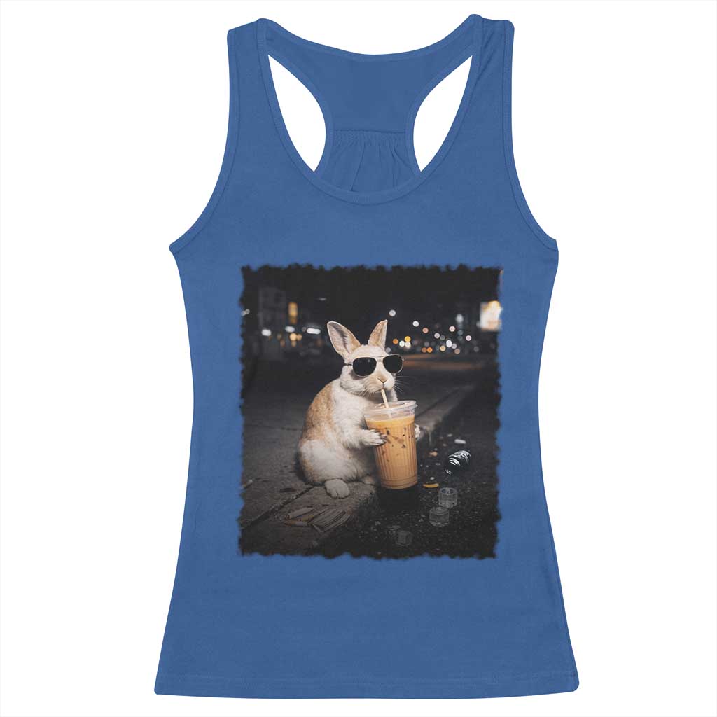 Funny Bunny Drinking Iced Coffee Racerback Tank Top Animal Meme Viral Internet TS14 Royal Blue Print Your Wear