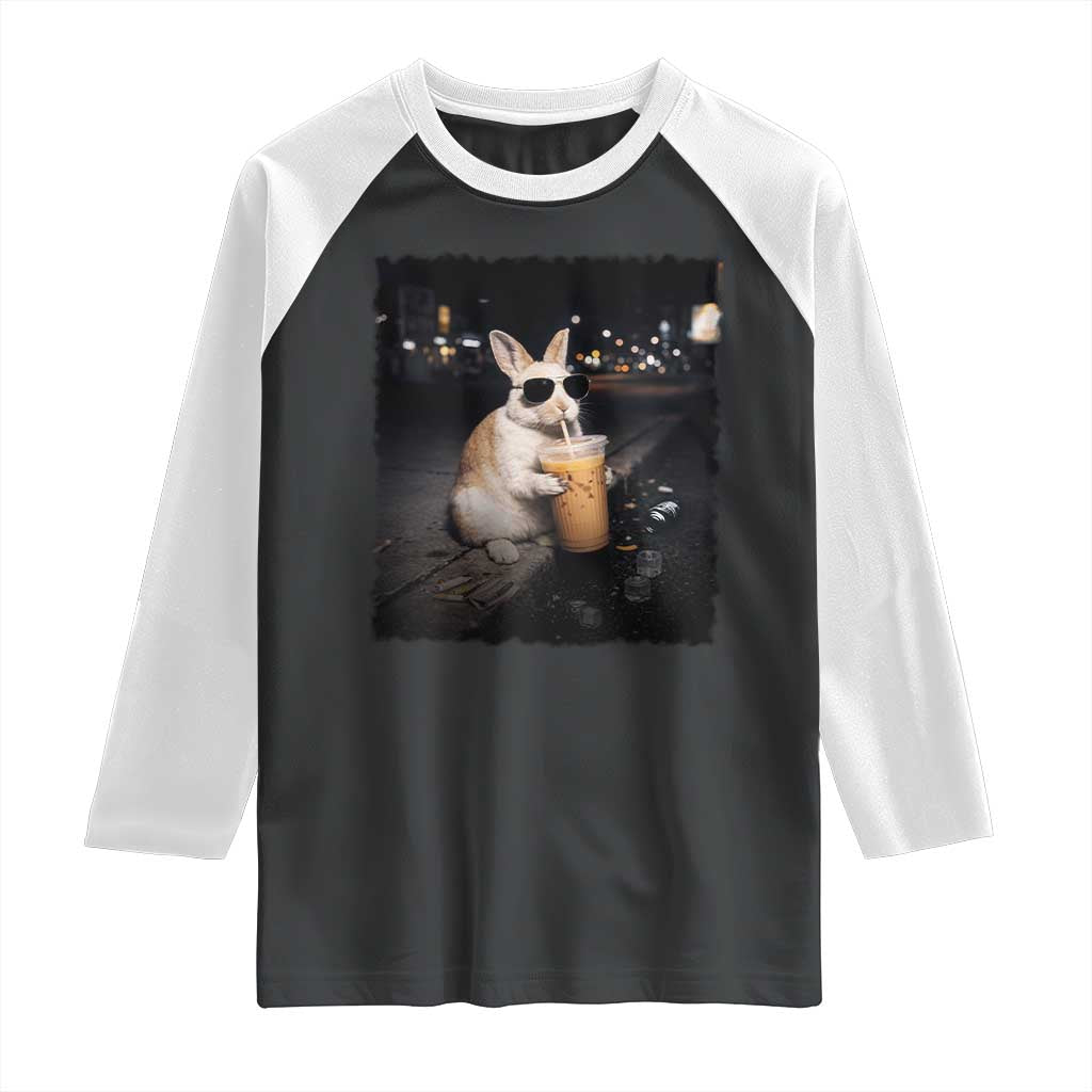 Funny Bunny Drinking Iced Coffee Raglan Shirt Animal Meme Viral Internet TS14 Black White Print Your Wear