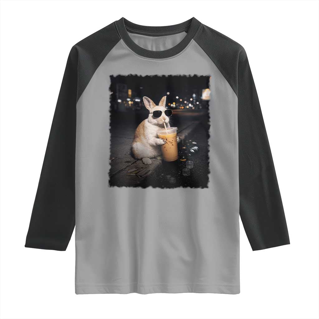 Funny Bunny Drinking Iced Coffee Raglan Shirt Animal Meme Viral Internet TS14 Sport Gray Black Print Your Wear