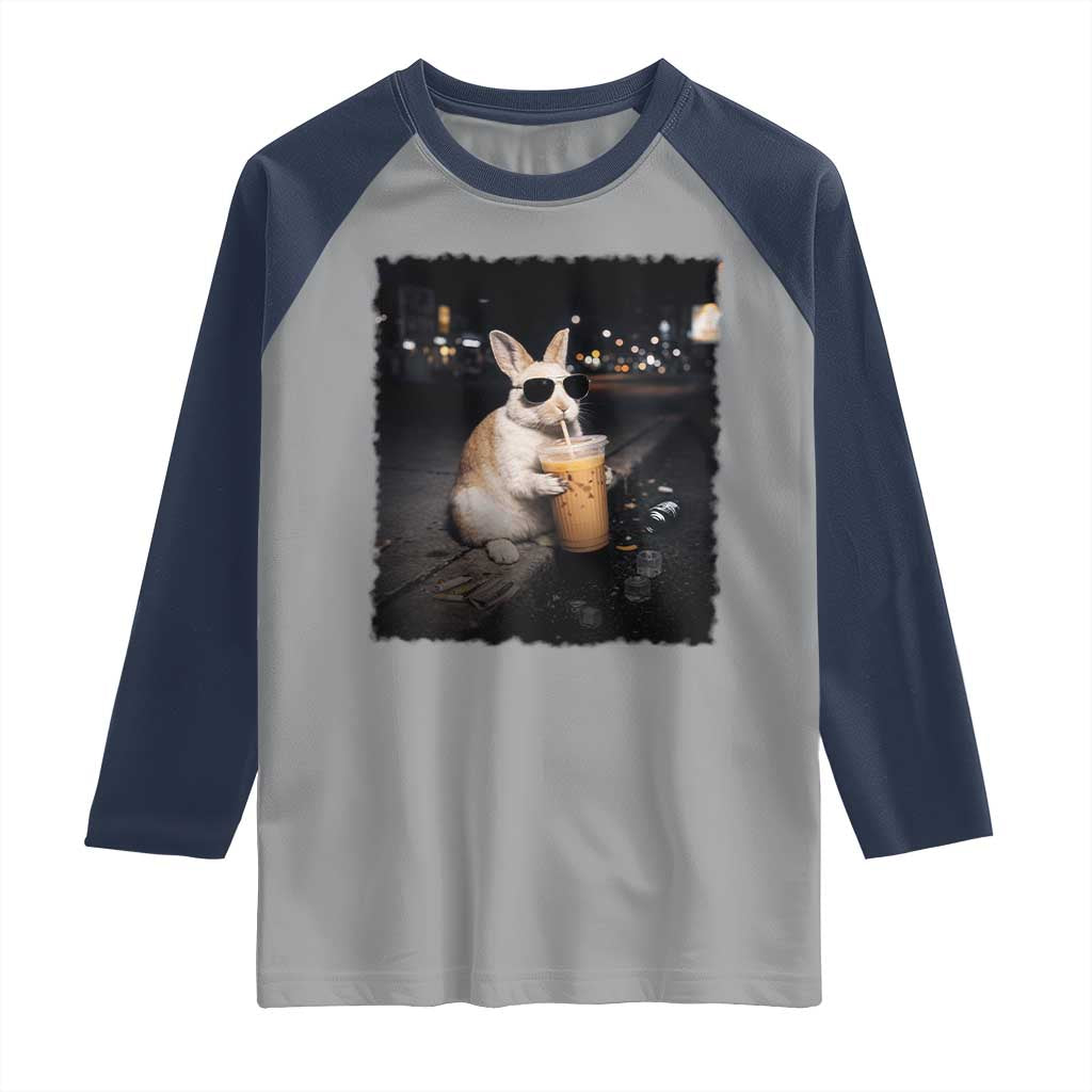 Funny Bunny Drinking Iced Coffee Raglan Shirt Animal Meme Viral Internet TS14 Sport Gray Navy Print Your Wear