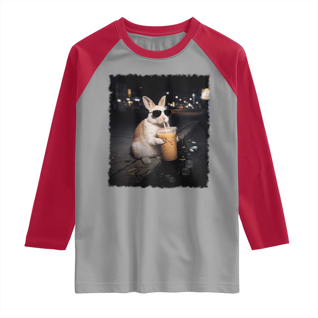 Funny Bunny Drinking Iced Coffee Raglan Shirt Animal Meme Viral Internet TS14 Sport Gray Red Print Your Wear