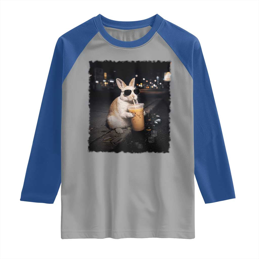 Funny Bunny Drinking Iced Coffee Raglan Shirt Animal Meme Viral Internet TS14 Sport Gray Royal Print Your Wear