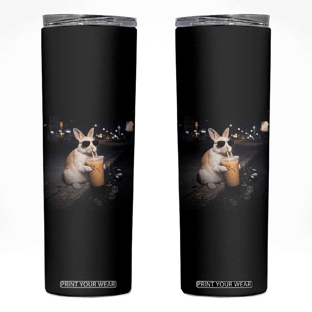 Funny Bunny Drinking Iced Coffee Skinny Tumbler Animal Meme Viral Internet TS14 Black Print Your Wear