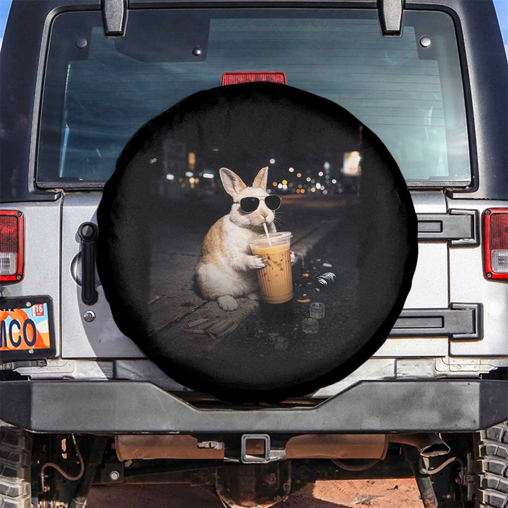 Funny Bunny Drinking Iced Coffee Spare Tire Cover Animal Meme Viral Internet TS14 No hole Black Print Your Wear