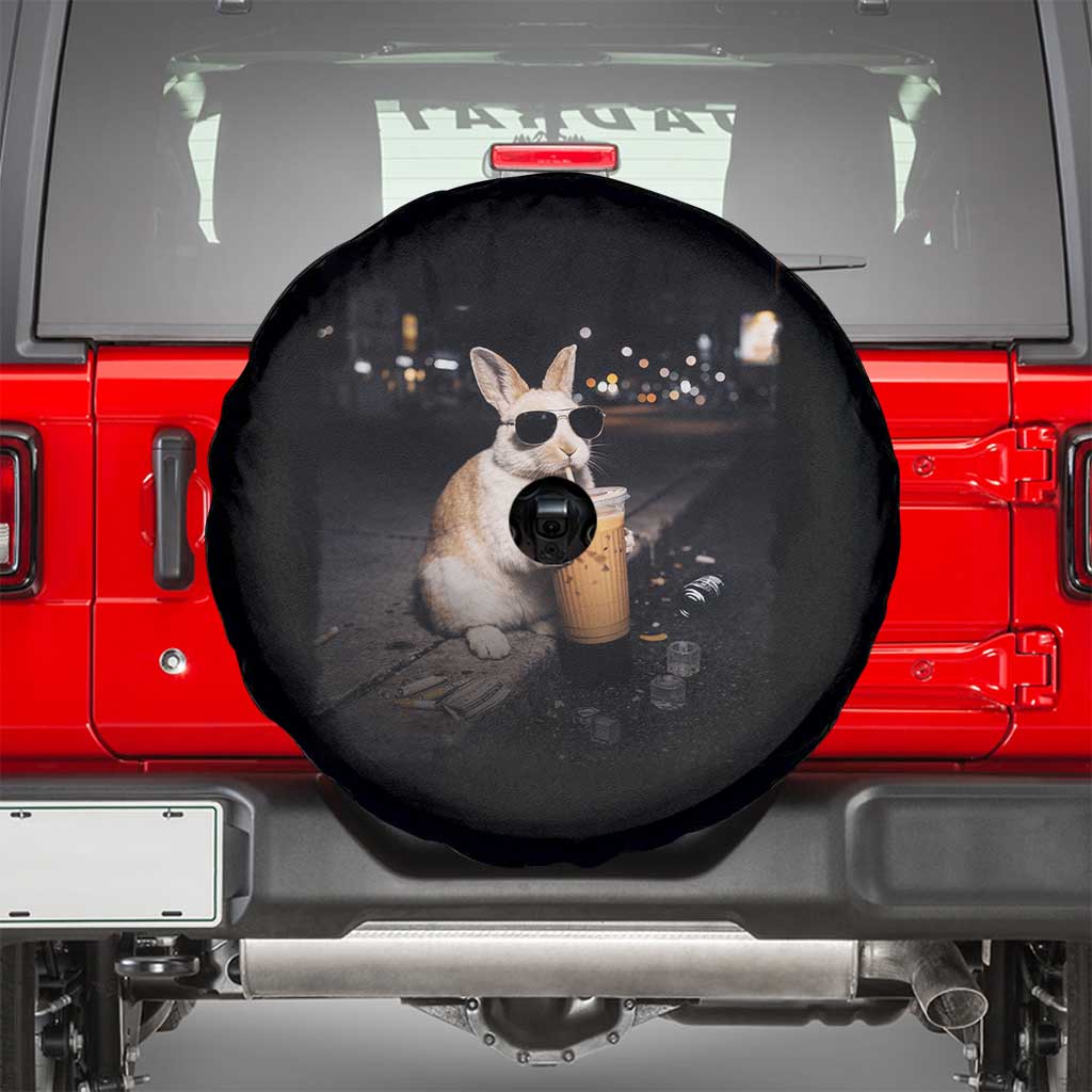 Funny Bunny Drinking Iced Coffee Spare Tire Cover Animal Meme Viral Internet TS14 Black Print Your Wear
