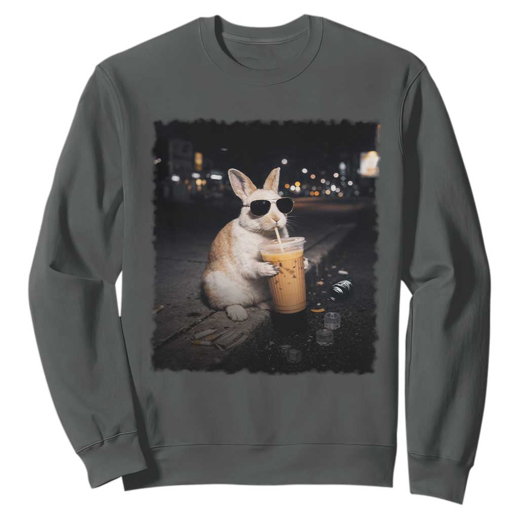 Funny Bunny Drinking Iced Coffee Sweatshirt Animal Meme Viral Internet TS14 Dark Heather Print Your Wear