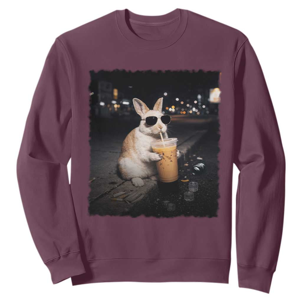 Funny Bunny Drinking Iced Coffee Sweatshirt Animal Meme Viral Internet TS14 Maroon Print Your Wear