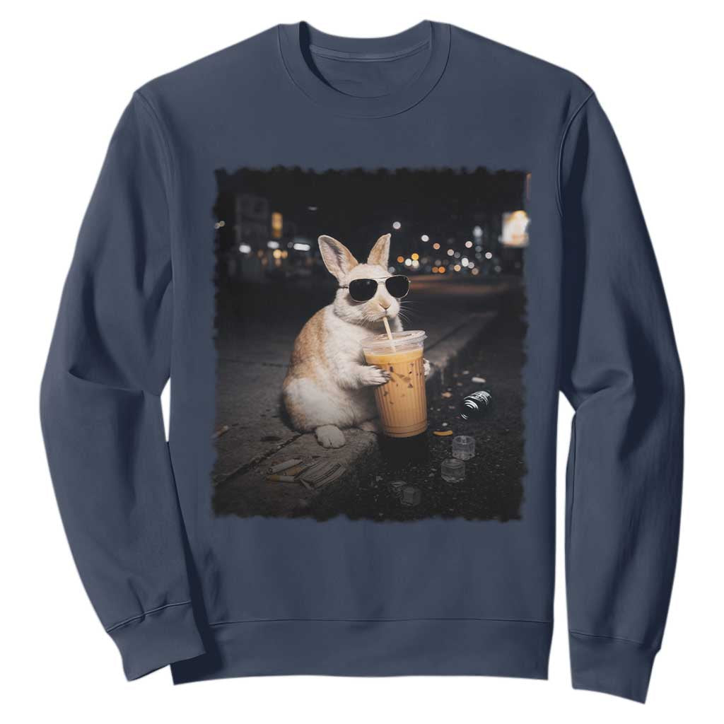 Funny Bunny Drinking Iced Coffee Sweatshirt Animal Meme Viral Internet TS14 Navy Print Your Wear