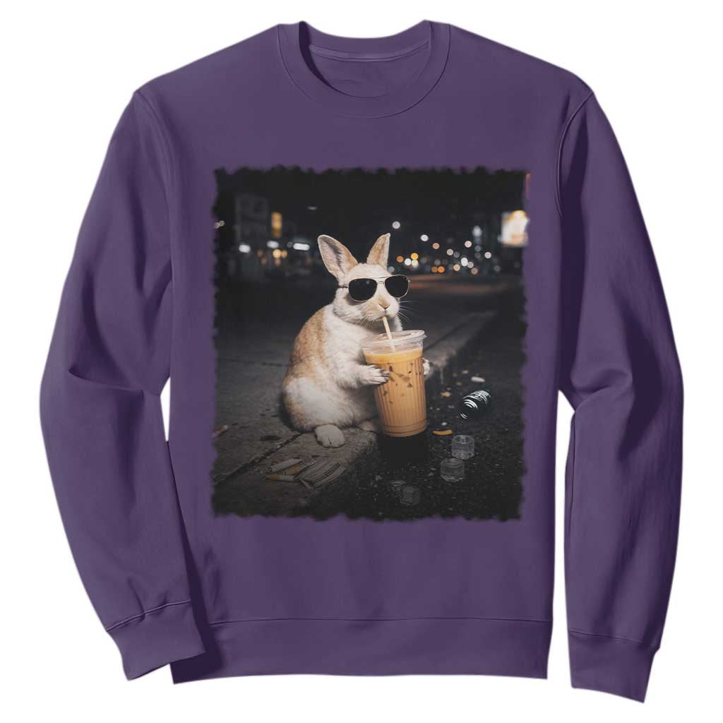 Funny Bunny Drinking Iced Coffee Sweatshirt Animal Meme Viral Internet TS14 Purple Print Your Wear