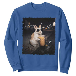 Funny Bunny Drinking Iced Coffee Sweatshirt Animal Meme Viral Internet TS14 Royal Blue Print Your Wear