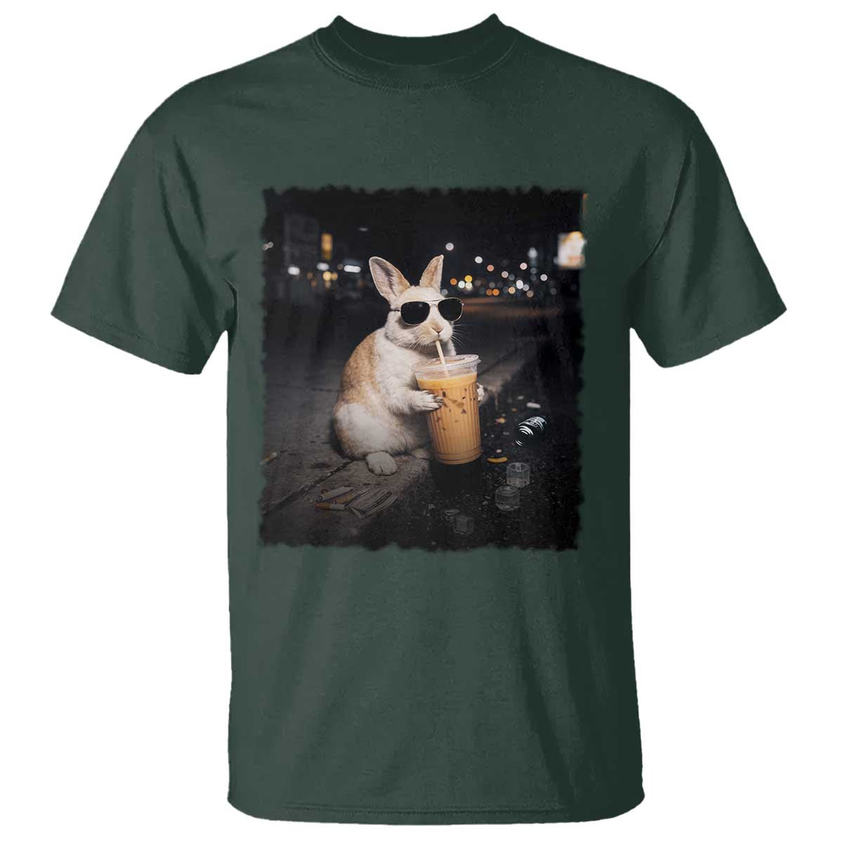 Funny Bunny Drinking Iced Coffee T Shirt Animal Meme Viral Internet TS14 Dark Forest Green Print Your Wear
