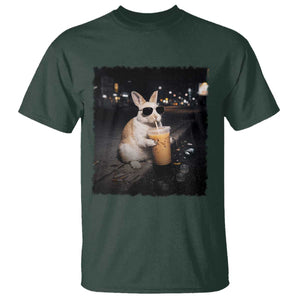 Funny Bunny Drinking Iced Coffee T Shirt Animal Meme Viral Internet TS14 Dark Forest Green Print Your Wear
