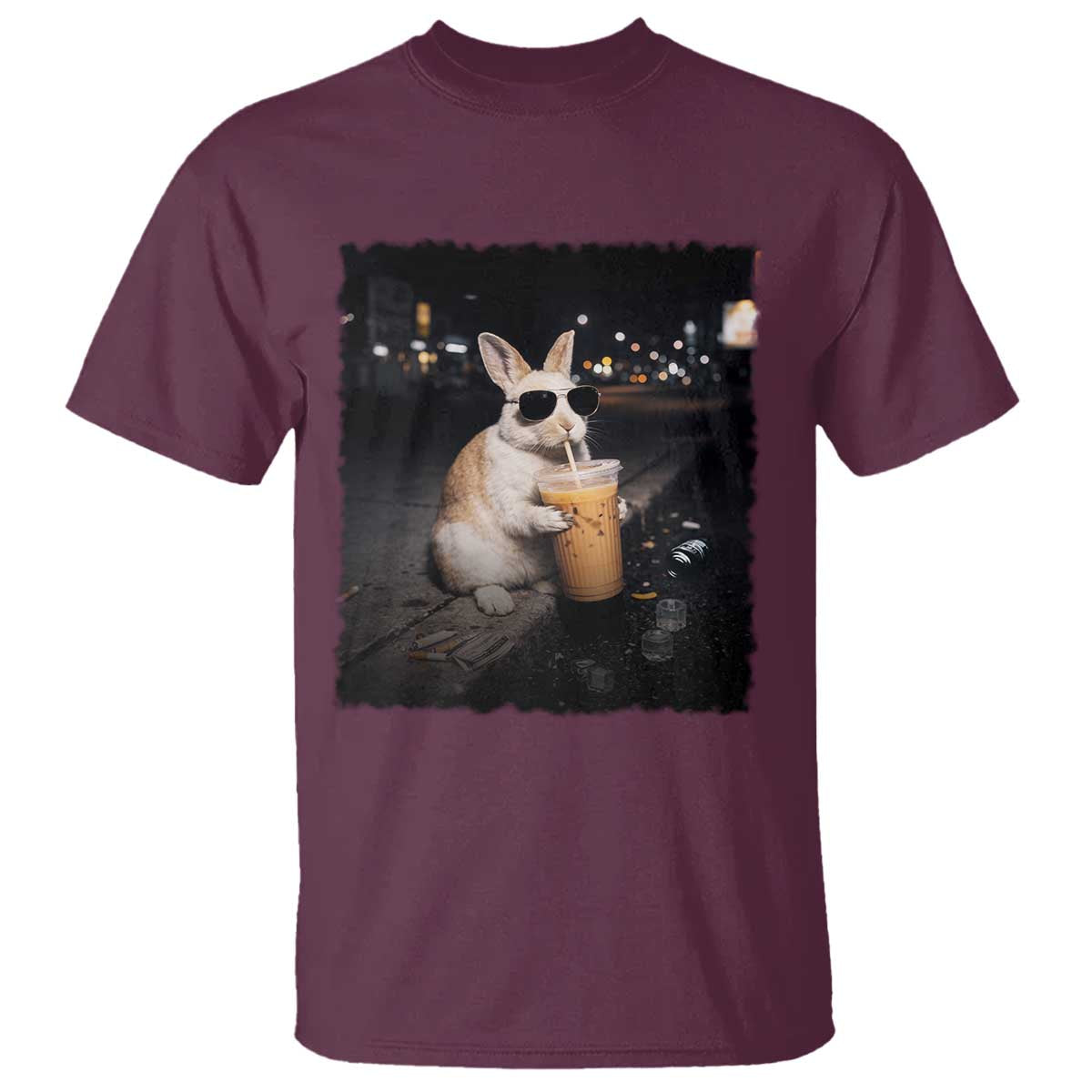 Funny Bunny Drinking Iced Coffee T Shirt Animal Meme Viral Internet TS14 Maroon Print Your Wear