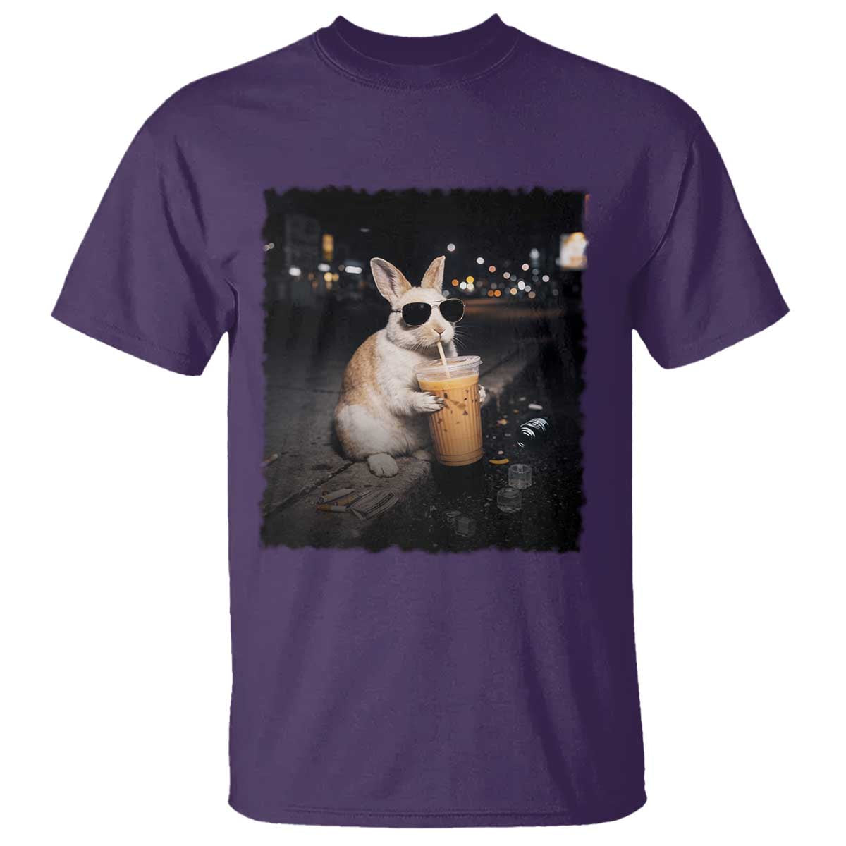 Funny Bunny Drinking Iced Coffee T Shirt Animal Meme Viral Internet TS14 Purple Print Your Wear
