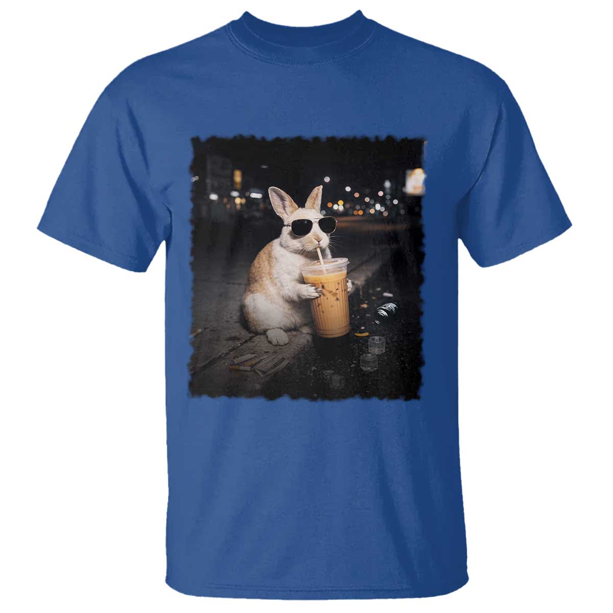 Funny Bunny Drinking Iced Coffee T Shirt Animal Meme Viral Internet TS14 Royal Blue Print Your Wear