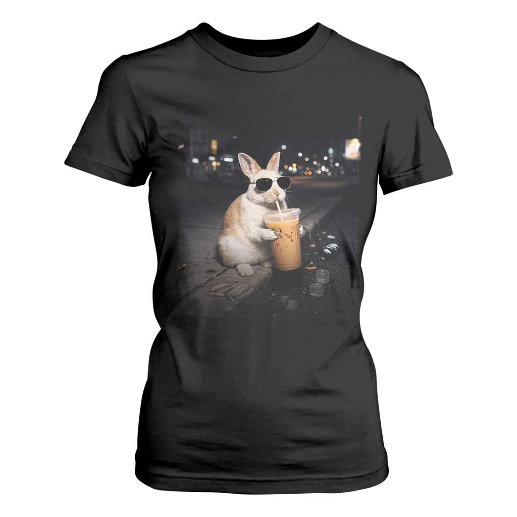 Funny Bunny Drinking Iced Coffee T Shirt For Women Animal Meme Viral Internet TS14 Black Print Your Wear