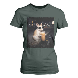 Funny Bunny Drinking Iced Coffee T Shirt For Women Animal Meme Viral Internet TS14 Dark Forest Green Print Your Wear