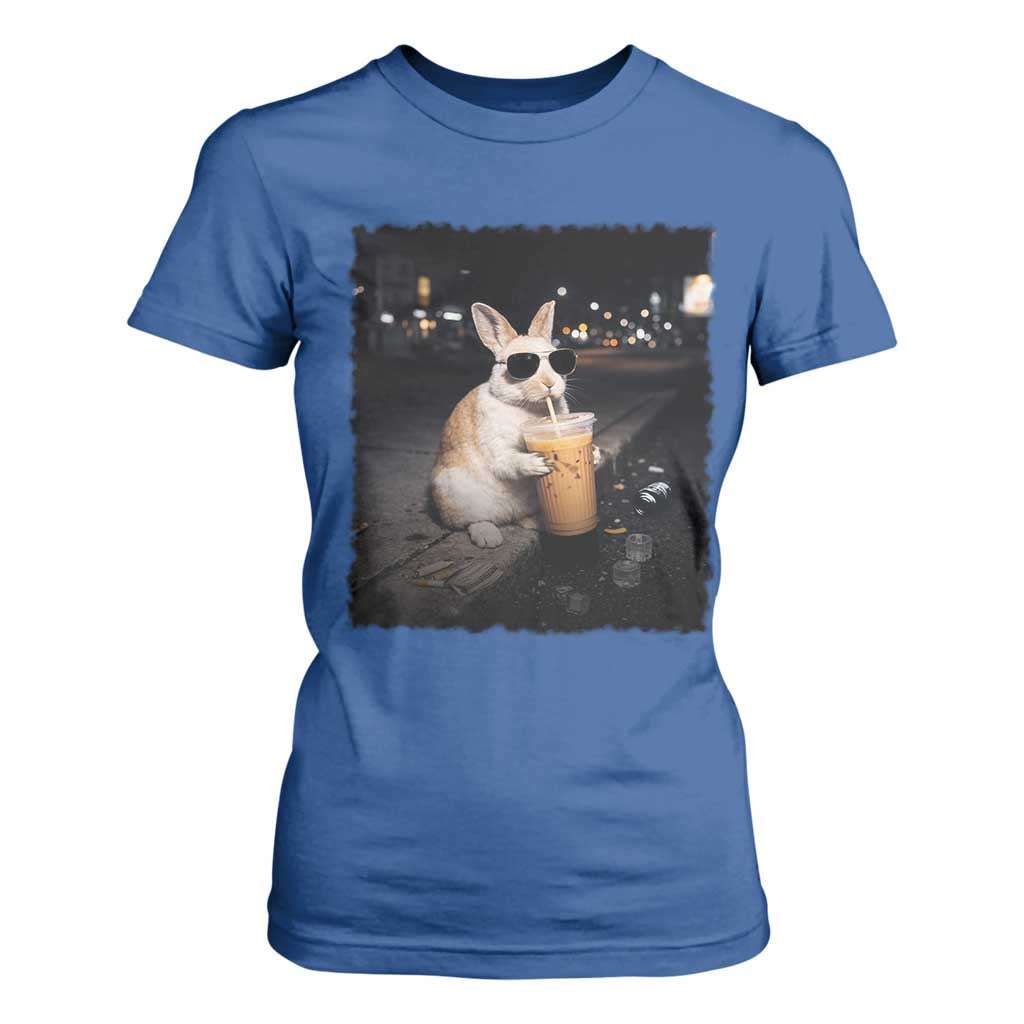 Funny Bunny Drinking Iced Coffee T Shirt For Women Animal Meme Viral Internet TS14 Royal Blue Print Your Wear